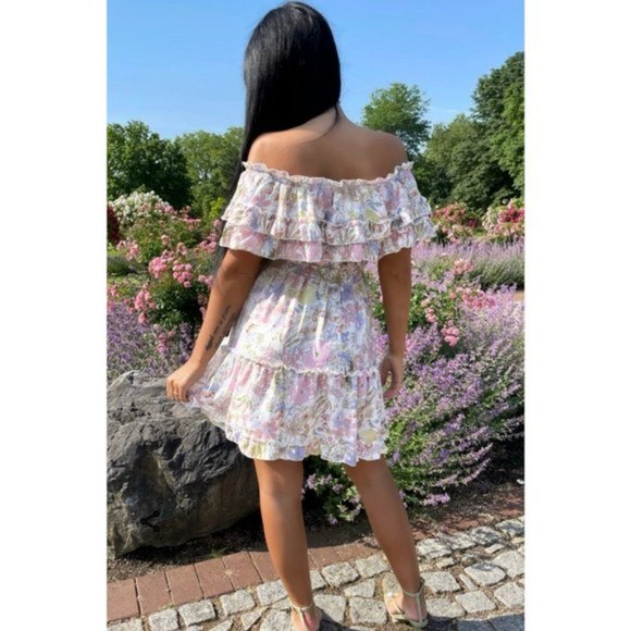 White Floral Print Short Sleeve Off Shoulder Ruffle Tiered Mini Dress - Picture 13 of 15